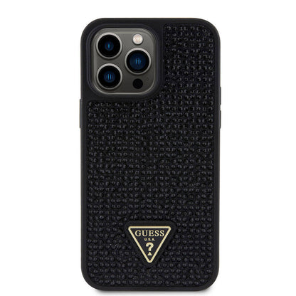 iPhone 15 Pro Max Kılıf Guess Orjinal Lisanslı Taşlı Arka Yüzey Üçgen Logolu Kılıf