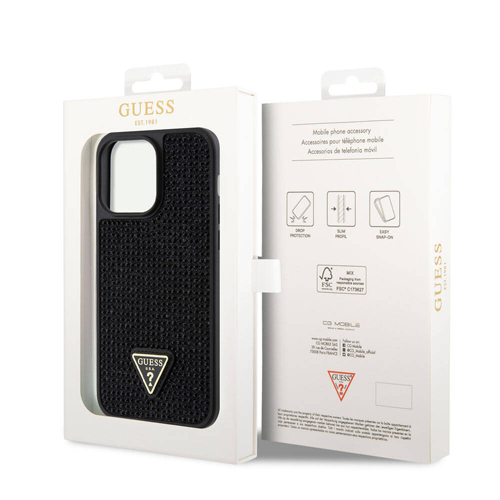 iPhone 15 Pro Max Kılıf Guess Orjinal Lisanslı Taşlı Arka Yüzey Üçgen Logolu Kılıf