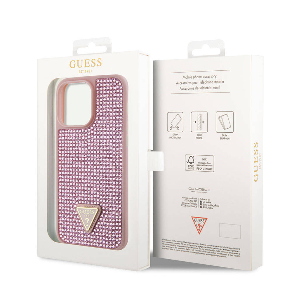 iPhone 15 Pro Max Kılıf Guess Orjinal Lisanslı Taşlı Arka Yüzey Üçgen Logolu Kılıf