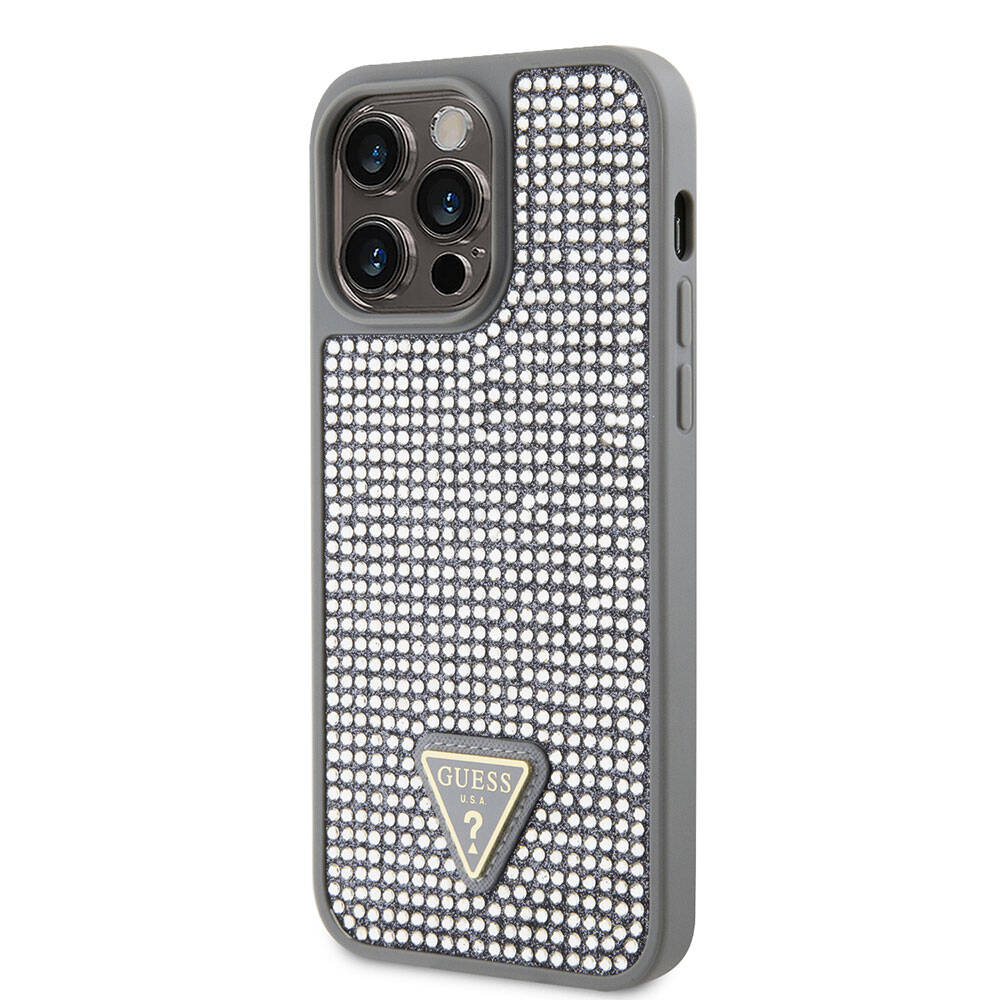 iPhone 15 Pro Max Kılıf Guess Orjinal Lisanslı Taşlı Arka Yüzey Üçgen Logolu Kılıf