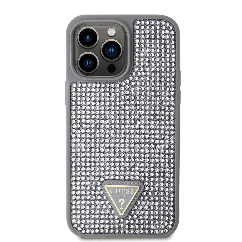 iPhone 15 Pro Max Kılıf Guess Orjinal Lisanslı Taşlı Arka Yüzey Üçgen Logolu Kılıf