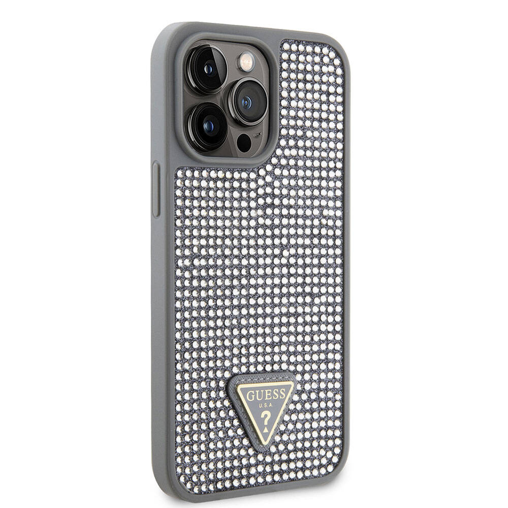 iPhone 15 Pro Max Kılıf Guess Orjinal Lisanslı Taşlı Arka Yüzey Üçgen Logolu Kılıf
