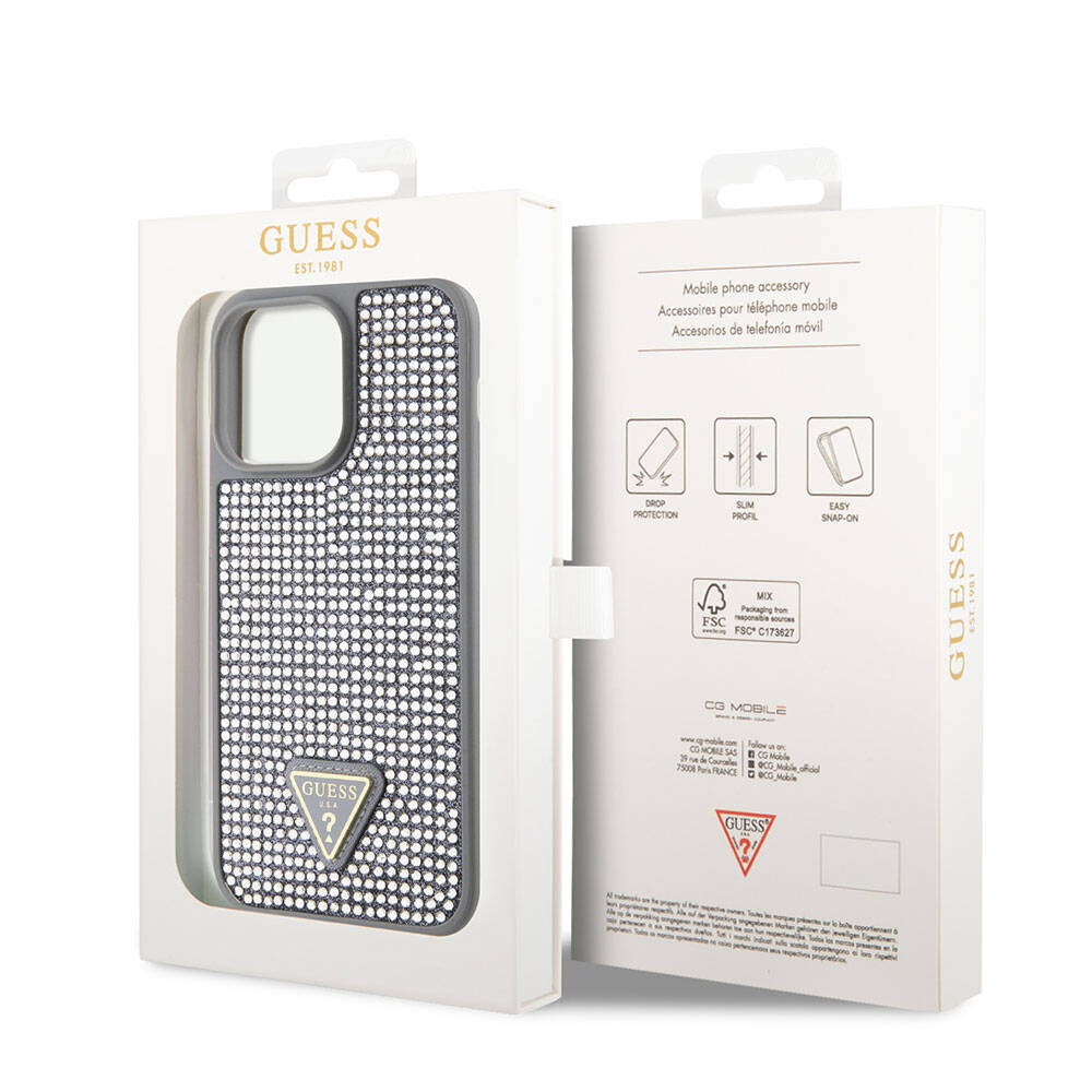 iPhone 15 Pro Max Kılıf Guess Orjinal Lisanslı Taşlı Arka Yüzey Üçgen Logolu Kılıf