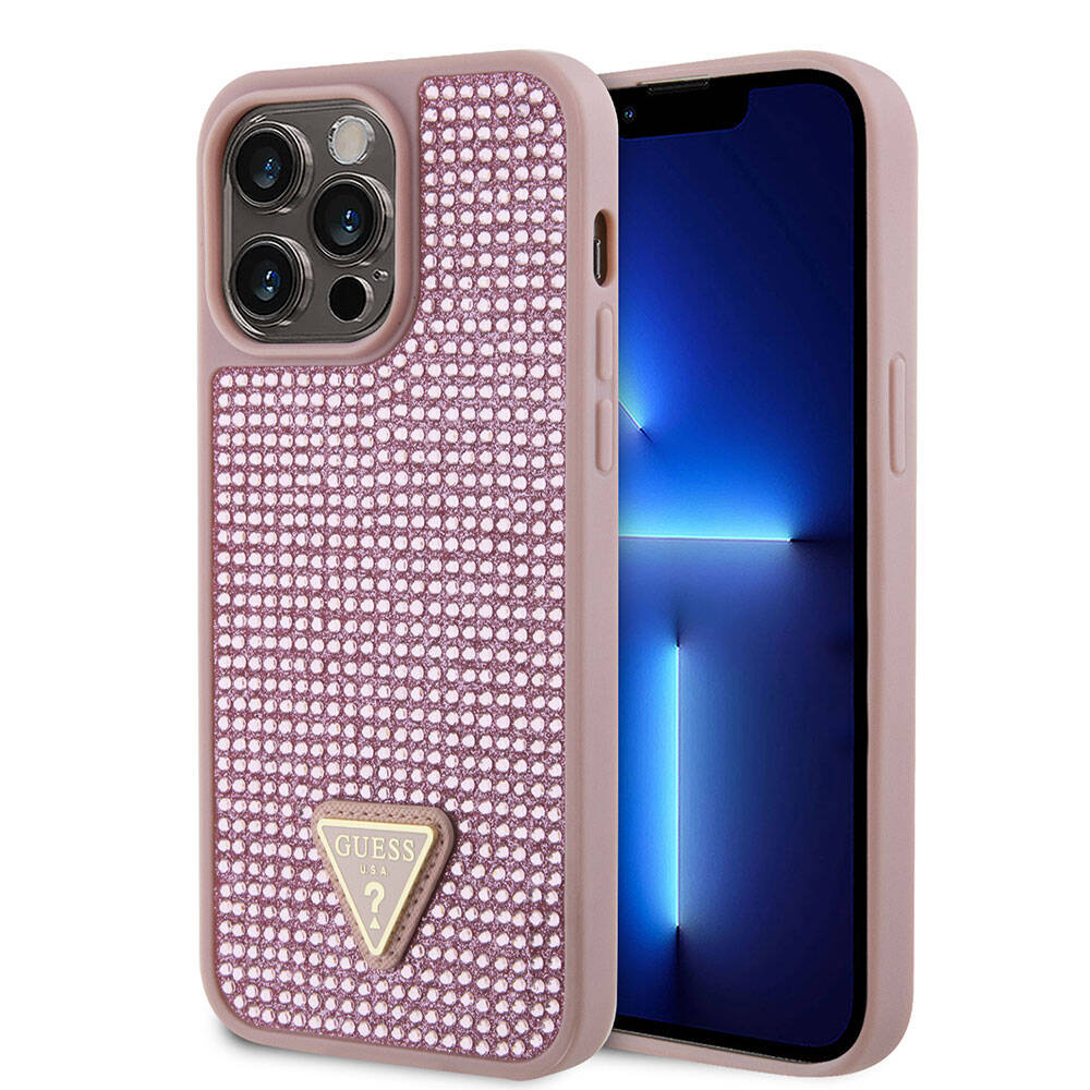 iPhone 15 Pro Max Kılıf Guess Orjinal Lisanslı Taşlı Arka Yüzey Üçgen Logolu Kılıf