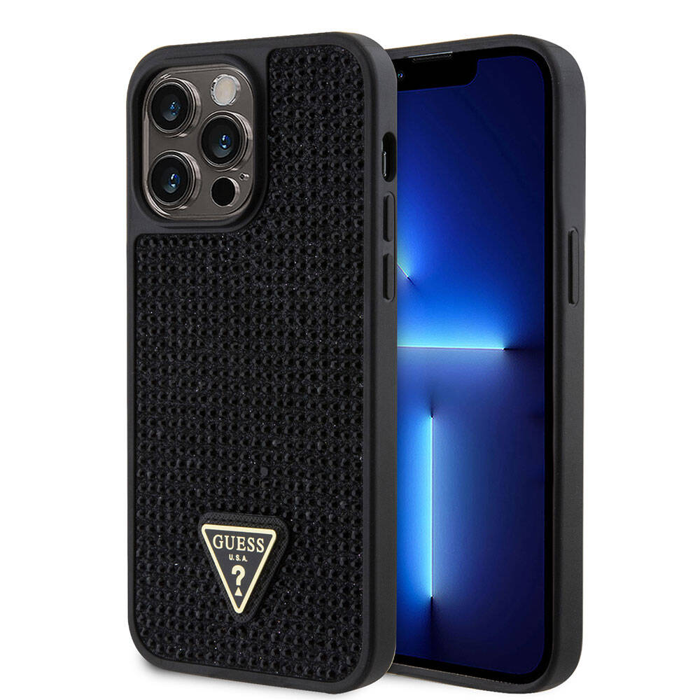 iPhone 15 Pro Max Kılıf Guess Orjinal Lisanslı Taşlı Arka Yüzey Üçgen Logolu Kılıf