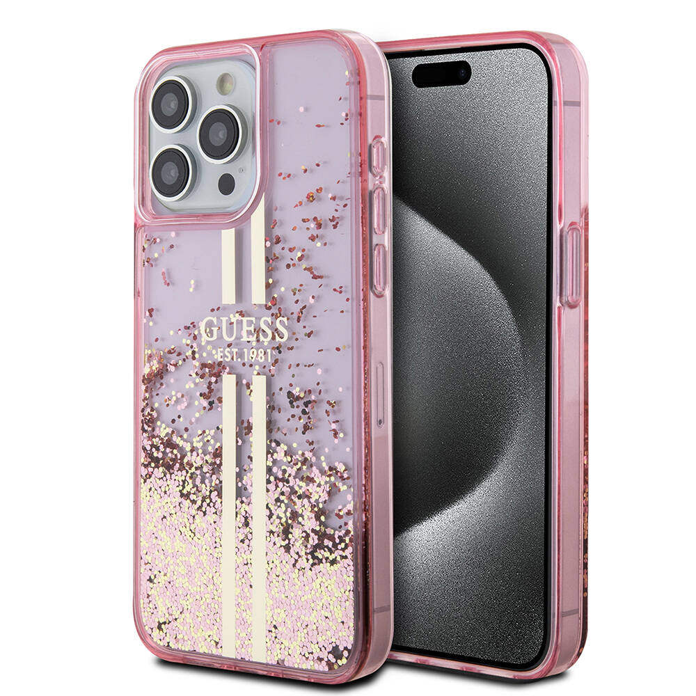 Apple iPhone 15 Pro Max Kılıf Guess Orjinal Lisanslı Transparan Sıvılı Simli Altın Çizgili Kapak Mor