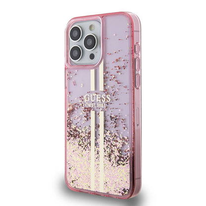 iPhone 15 Pro Max Kılıf Guess Orjinal Lisanslı Transparan Sıvılı Simli Altın Çizgili Kılıf