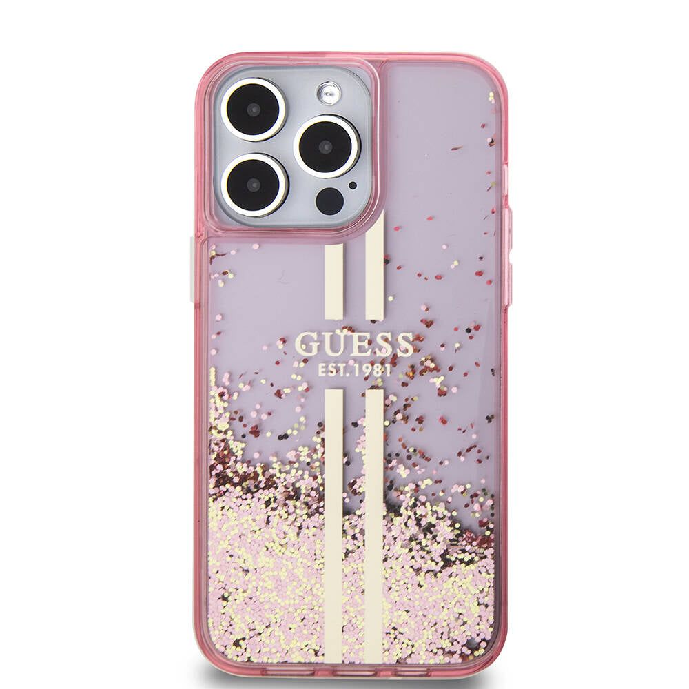 Apple iPhone 15 Pro Max Kılıf Guess Orjinal Lisanslı Transparan Sıvılı Simli Altın Çizgili Kapak Mor
