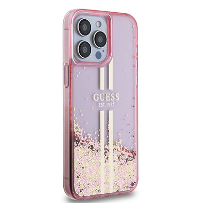 Apple iPhone 15 Pro Max Kılıf Guess Orjinal Lisanslı Transparan Sıvılı Simli Altın Çizgili Kapak Mor