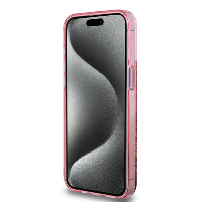 Apple iPhone 15 Pro Max Kılıf Guess Orjinal Lisanslı Transparan Sıvılı Simli Altın Çizgili Kapak Mor