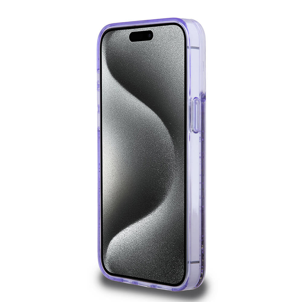 Apple iPhone 15 Pro Max Kılıf Guess Orjinal Lisanslı Transparan Sıvılı Simli Altın Çizgili Kapak Mor