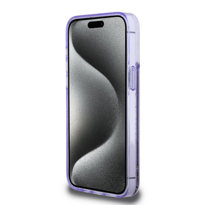 Apple iPhone 15 Pro Max Kılıf Guess Orjinal Lisanslı Transparan Sıvılı Simli Altın Çizgili Kapak Mor