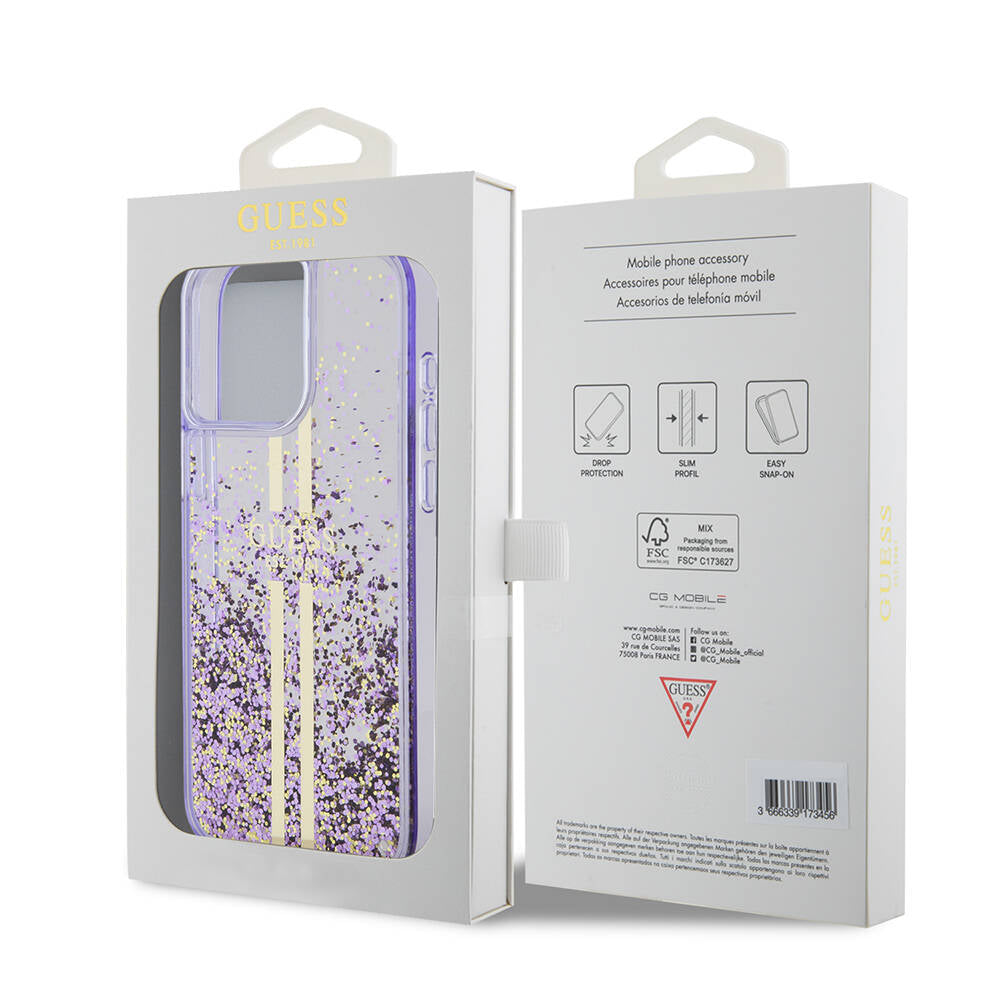 iPhone 15 Pro Max Kılıf Guess Orjinal Lisanslı Transparan Sıvılı Simli Altın Çizgili Kılıf