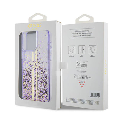 Apple iPhone 15 Pro Max Kılıf Guess Orjinal Lisanslı Transparan Sıvılı Simli Altın Çizgili Kapak Mor