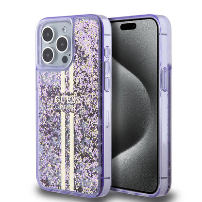 iPhone 15 Pro Max Kılıf Guess Orjinal Lisanslı Transparan Sıvılı Simli Altın Çizgili Kılıf