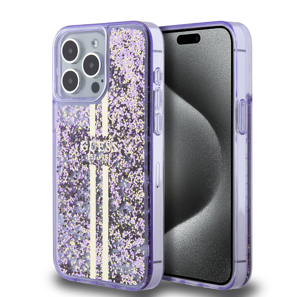 Apple iPhone 15 Pro Max Kılıf Guess Orjinal Lisanslı Transparan Sıvılı Simli Altın Çizgili Kapak Mor