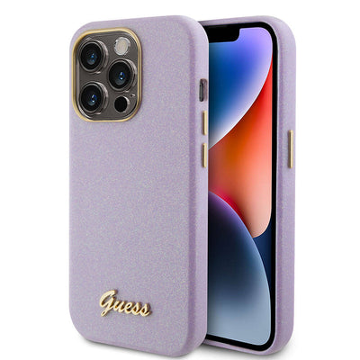 Apple iPhone 15 Pro Max Kılıf Guess Orjinal Lisanslı Yazı Logolu Glitter Glossy Script Kapak Lila