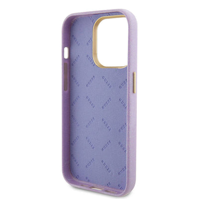 Apple iPhone 15 Pro Max Kılıf Guess Orjinal Lisanslı Yazı Logolu Glitter Glossy Script Kapak Lila