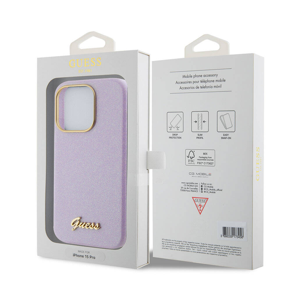 Apple iPhone 15 Pro Max Kılıf Guess Orjinal Lisanslı Yazı Logolu Glitter Glossy Script Kapak Gold