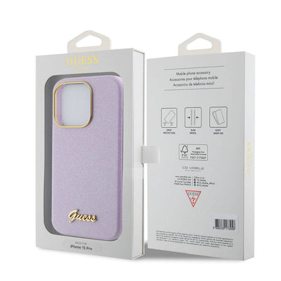 Apple iPhone 15 Pro Max Kılıf Guess Orjinal Lisanslı Yazı Logolu Glitter Glossy Script Kapak Lila