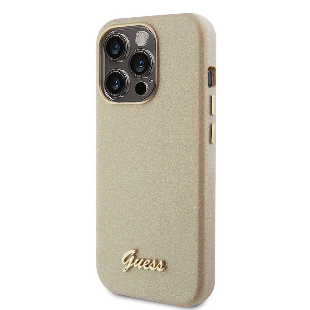 Apple iPhone 15 Pro Max Kılıf Guess Orjinal Lisanslı Yazı Logolu Glitter Glossy Script Kapak Gold