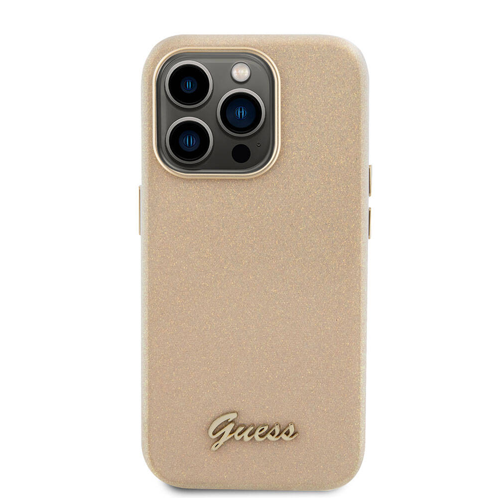 Apple iPhone 15 Pro Max Kılıf Guess Orjinal Lisanslı Yazı Logolu Glitter Glossy Script Kapak Gold