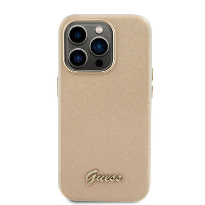 Apple iPhone 15 Pro Max Kılıf Guess Orjinal Lisanslı Yazı Logolu Glitter Glossy Script Kapak Gold