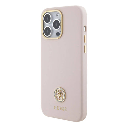 iPhone 15 Pro Max Kılıf Guess Orjinal Lisanslı Yazı ve Taşlı 4G Logolu Metal Kamera Çerçeveli Silikon Kılıf