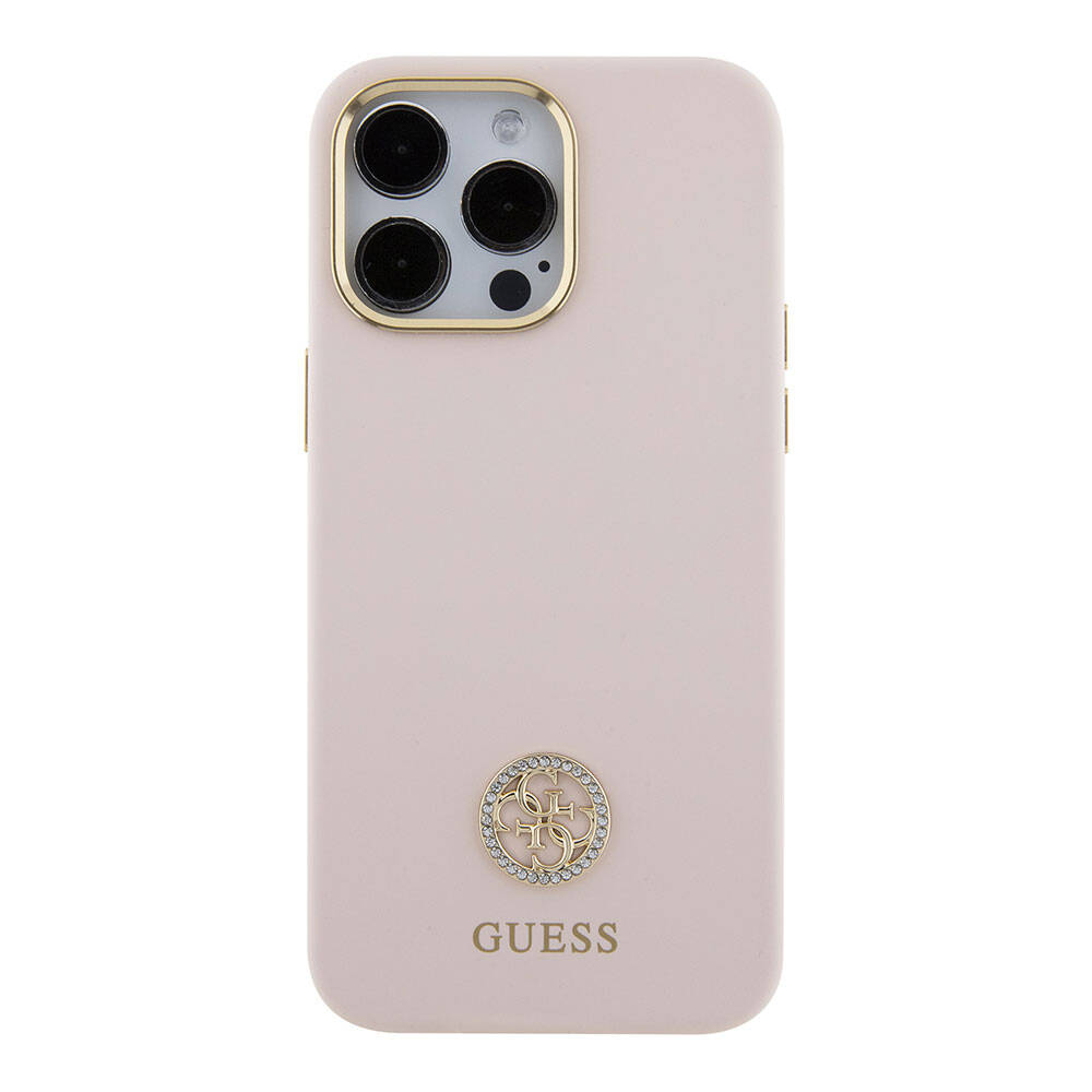 iPhone 15 Pro Max Kılıf Guess Orjinal Lisanslı Yazı ve Taşlı 4G Logolu Metal Kamera Çerçeveli Silikon Kılıf