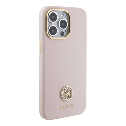 iPhone 15 Pro Max Kılıf Guess Orjinal Lisanslı Yazı ve Taşlı 4G Logolu Metal Kamera Çerçeveli Silikon Kılıf
