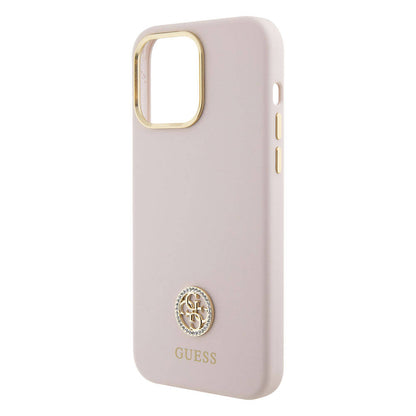 iPhone 15 Pro Max Kılıf Guess Orjinal Lisanslı Yazı ve Taşlı 4G Logolu Metal Kamera Çerçeveli Silikon Kılıf