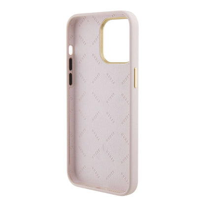 iPhone 15 Pro Max Kılıf Guess Orjinal Lisanslı Yazı ve Taşlı 4G Logolu Metal Kamera Çerçeveli Silikon Kılıf