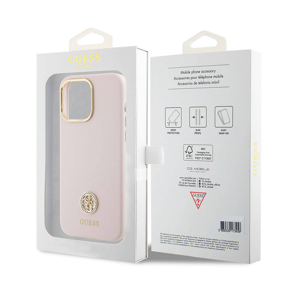 iPhone 15 Pro Max Kılıf Guess Orjinal Lisanslı Yazı ve Taşlı 4G Logolu Metal Kamera Çerçeveli Silikon Kılıf