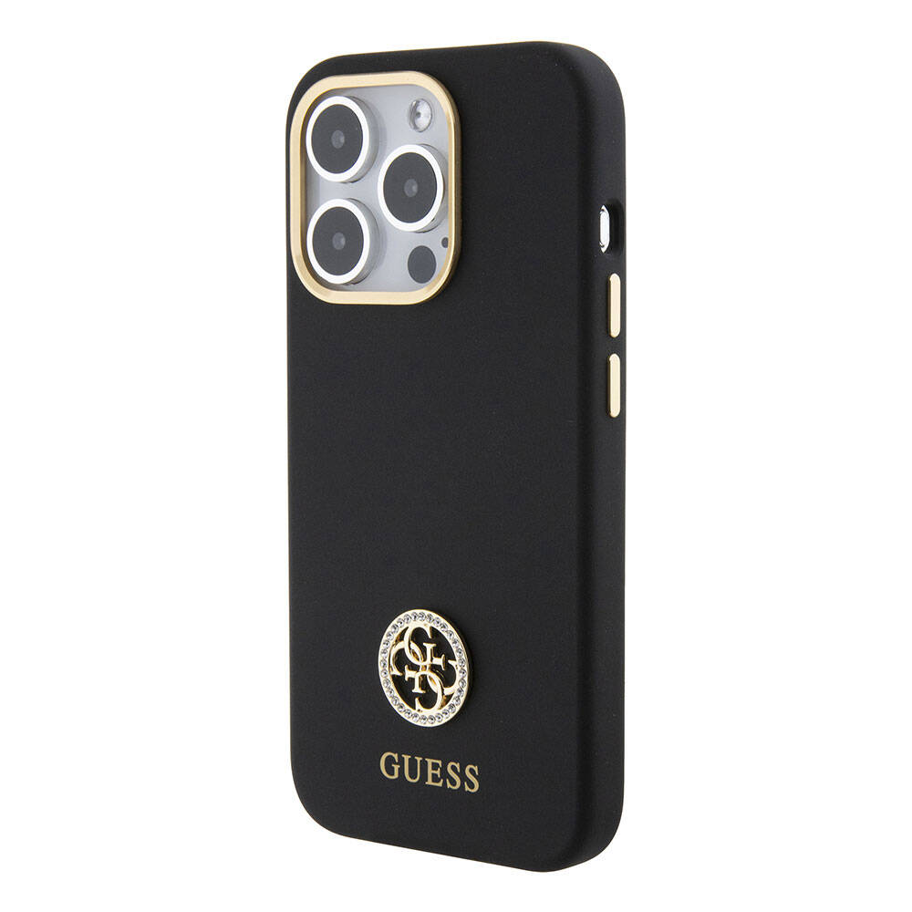 iPhone 15 Pro Max Kılıf Guess Orjinal Lisanslı Yazı ve Taşlı 4G Logolu Metal Kamera Çerçeveli Silikon Kılıf