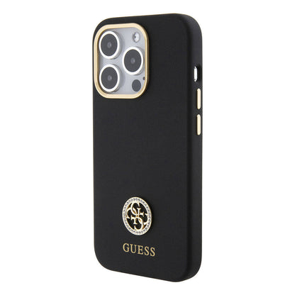 iPhone 15 Pro Max Kılıf Guess Orjinal Lisanslı Yazı ve Taşlı 4G Logolu Metal Kamera Çerçeveli Silikon Kılıf