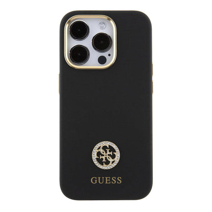 iPhone 15 Pro Max Kılıf Guess Orjinal Lisanslı Yazı ve Taşlı 4G Logolu Metal Kamera Çerçeveli Silikon Kılıf