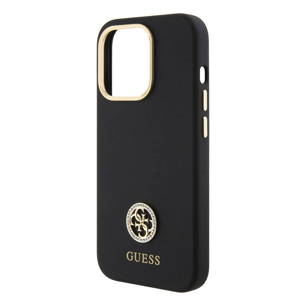 iPhone 15 Pro Max Kılıf Guess Orjinal Lisanslı Yazı ve Taşlı 4G Logolu Metal Kamera Çerçeveli Silikon Kılıf