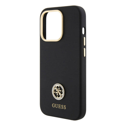 iPhone 15 Pro Max Kılıf Guess Orjinal Lisanslı Yazı ve Taşlı 4G Logolu Metal Kamera Çerçeveli Silikon Kılıf