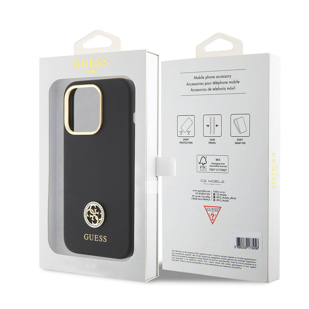 iPhone 15 Pro Max Kılıf Guess Orjinal Lisanslı Yazı ve Taşlı 4G Logolu Metal Kamera Çerçeveli Silikon Kılıf