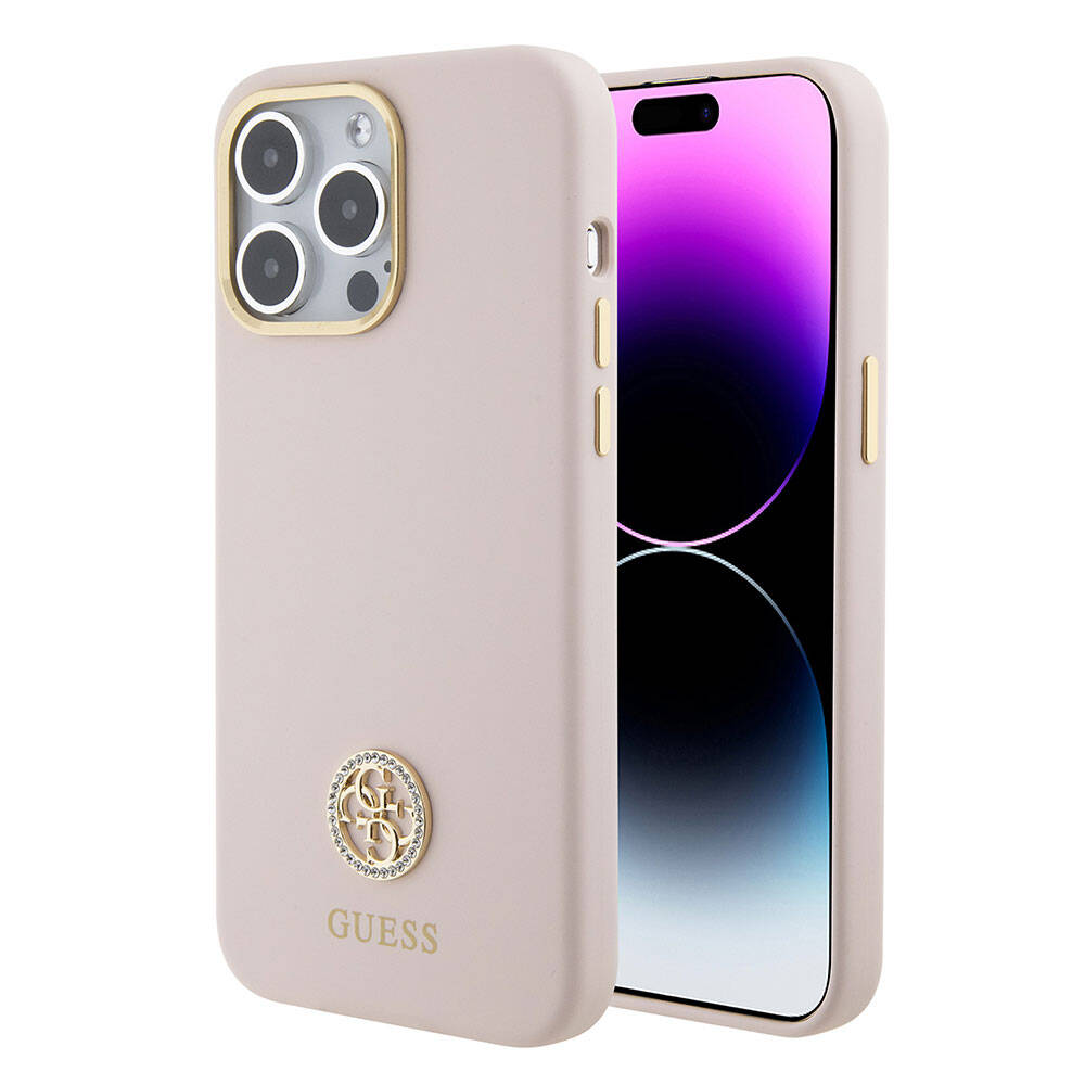 iPhone 15 Pro Max Kılıf Guess Orjinal Lisanslı Yazı ve Taşlı 4G Logolu Metal Kamera Çerçeveli Silikon Kılıf