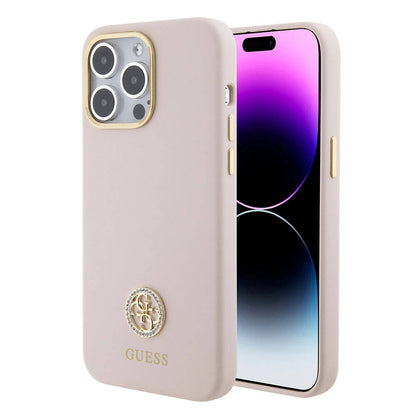 iPhone 15 Pro Max Kılıf Guess Orjinal Lisanslı Yazı ve Taşlı 4G Logolu Metal Kamera Çerçeveli Silikon Kılıf