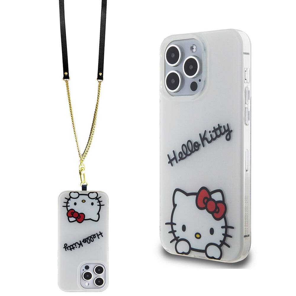 Apple iPhone 15 Pro Kılıf Hello Kitty Orjinal Lisanslı Askılı Yazı ve İkonik Logolu Daydreaming Kapak