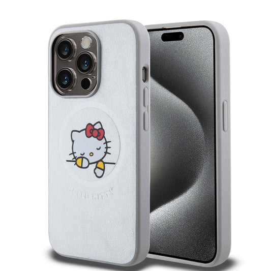 iPhone 15 Pro Max Kılıf Hello Kitty Orjinal Lisanslı M-safe Şarj Özellikli Baskı Logolu Uyuyan Kitty Deri Kılıf