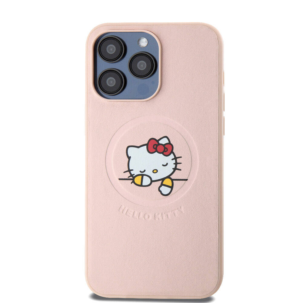iPhone 15 Pro Max Kılıf Hello Kitty Orjinal Lisanslı M-safe Şarj Özellikli Baskı Logolu Uyuyan Kitty Deri Kılıf