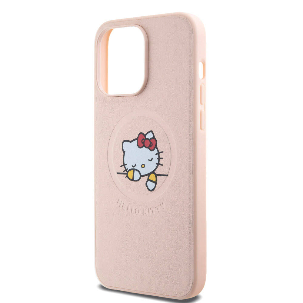 iPhone 15 Pro Max Kılıf Hello Kitty Orjinal Lisanslı M-safe Şarj Özellikli Baskı Logolu Uyuyan Kitty Deri Kılıf