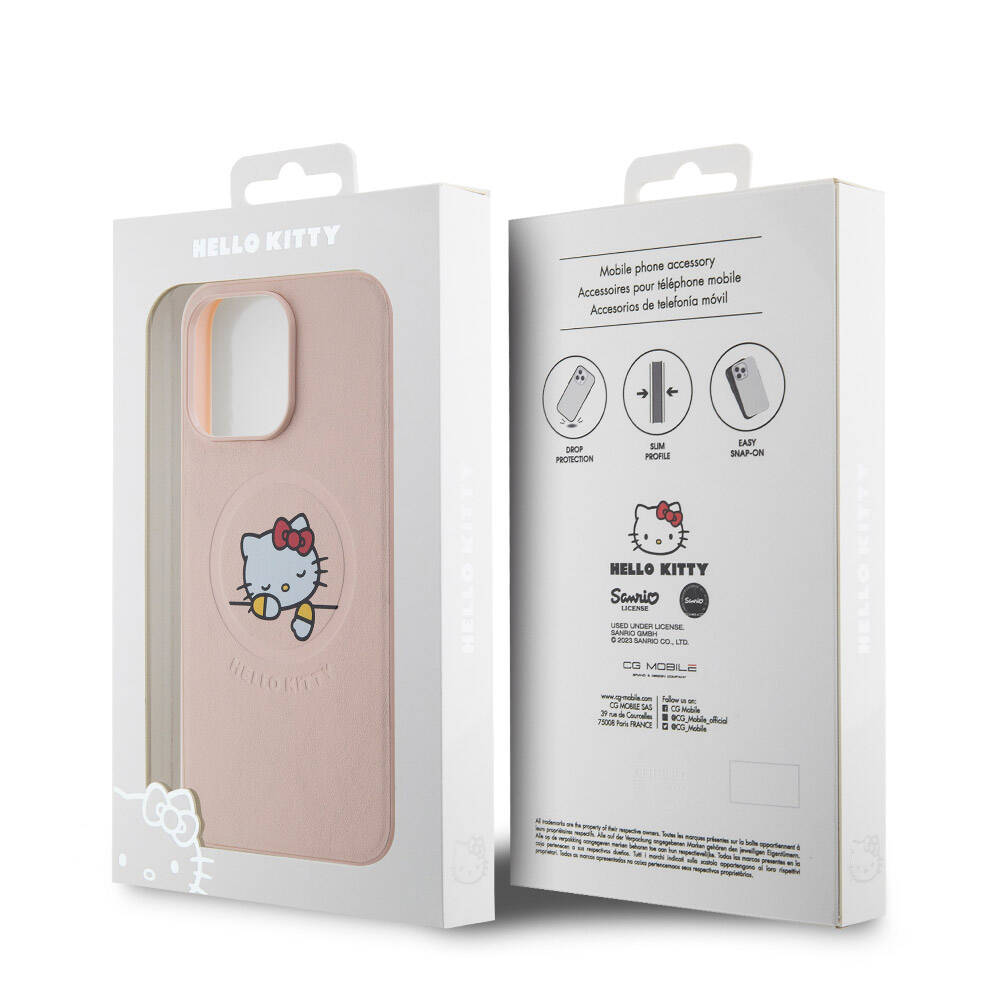 Apple iPhone 15 Pro Max Kılıf Hello Kitty Orjinal Lisanslı Magsafe Şarj Özellikli Baskı Logolu Uyuyan Kitty Deri Kapak