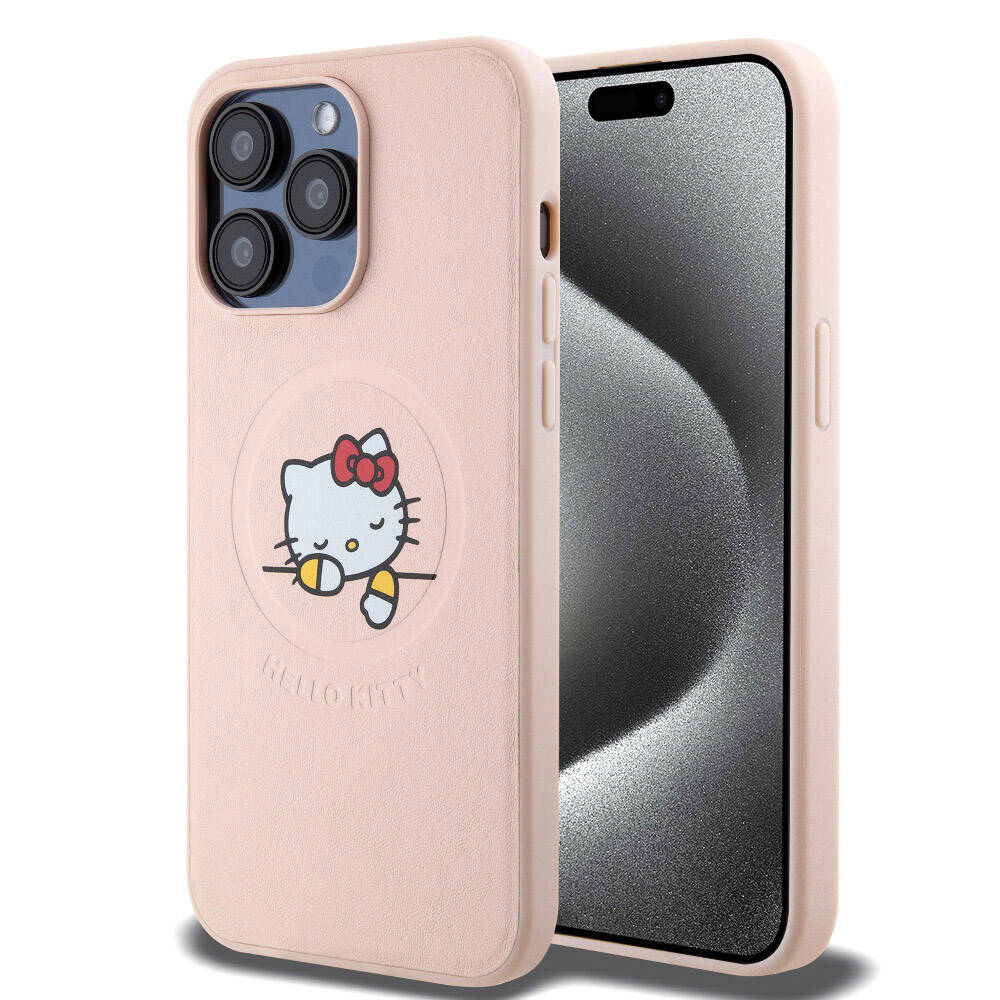 Apple iPhone 15 Pro Max Kılıf Hello Kitty Orjinal Lisanslı Magsafe Şarj Özellikli Baskı Logolu Uyuyan Kitty Deri Kapak