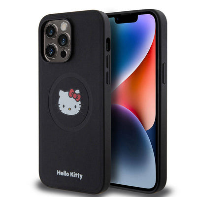 Apple iPhone 15 Pro Max Kılıf Hello Kitty Orjinal Lisanslı Magsafe Şarj Özellikli Kitty Head Deri Kapak Siyah
