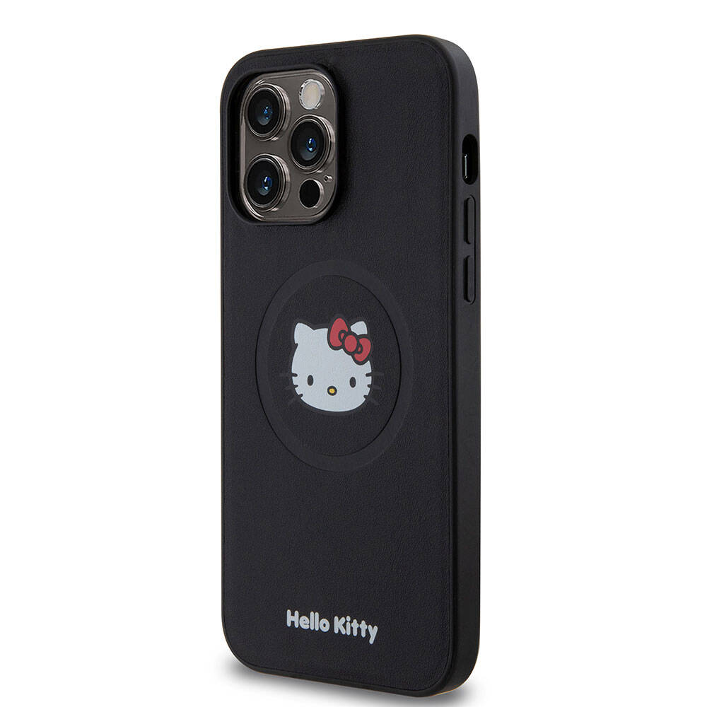 Apple iPhone 15 Pro Max Kılıf Hello Kitty Orjinal Lisanslı Magsafe Şarj Özellikli Kitty Head Deri Kapak Siyah