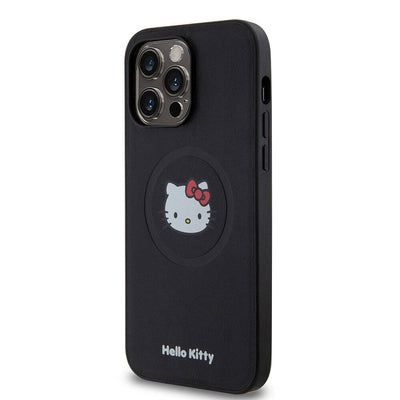 Apple iPhone 15 Pro Max Kılıf Hello Kitty Orjinal Lisanslı Magsafe Şarj Özellikli Kitty Head Deri Kapak Siyah